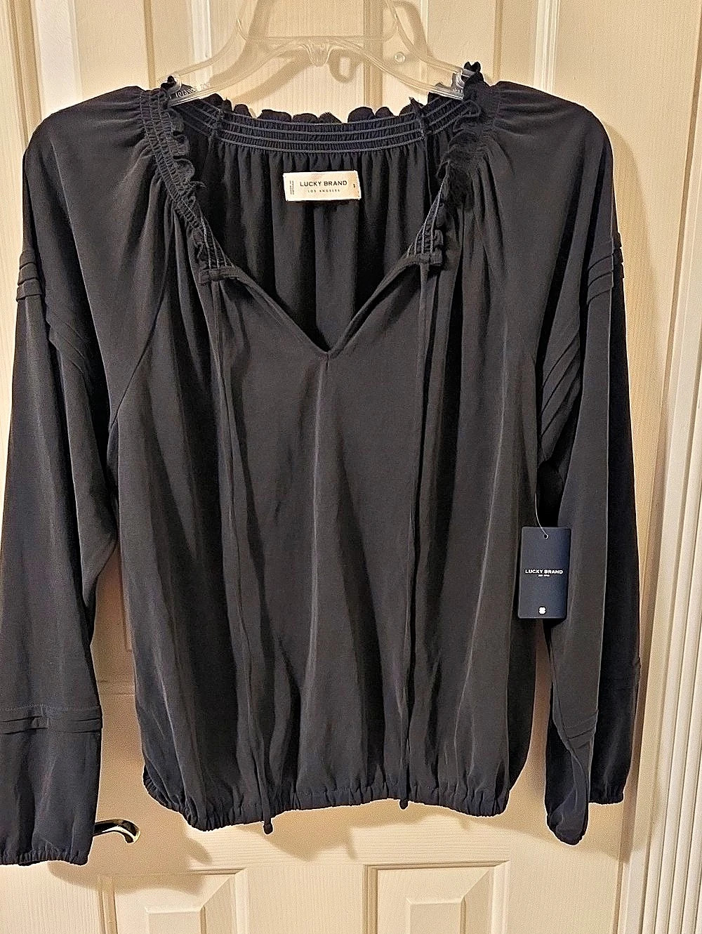 Lucky Brand Sandwash Blouson Top Black Long Sleeve Small